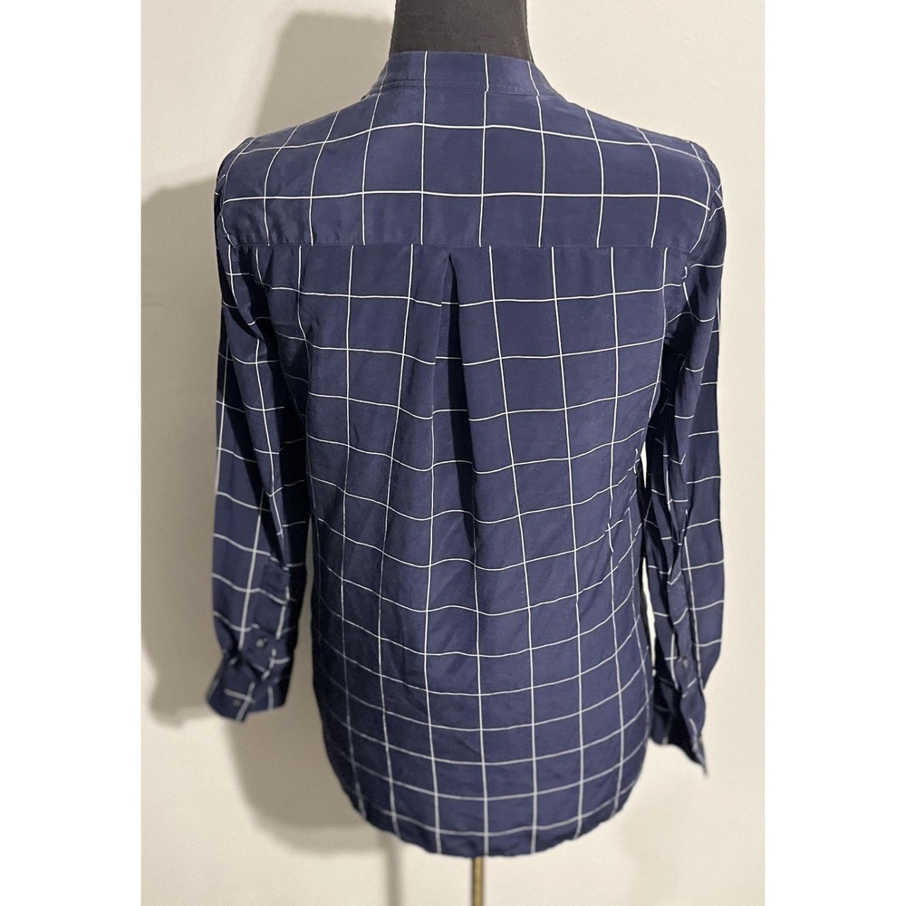 Madewell Shirt Womens XS Navy Windowpane Silk Lace-Up Long Sleeve Blouse Top - Picture 4 of 12